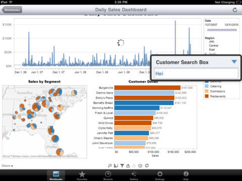 A screenshot of a daily sales dashboard on an iPad. There are three charts on the dashboard. <br /><br />Along the top there is a blue bar chart showing daily sales (in dollars) from January 27 2007 to December 31 2010. The title of this chart is cut off and not readable.<br /><br />On the bottom left there is a heat map overlaid on a map of the American South East. The heat map is labeled "Sales by Segment". On the bottom right there is a bar chart labeled "Customer Detail" showing sales by customer.<br /><br />A pop-up window is on top of the unlabeled and customer detail charts. The pop-up is labeled "Customer Search Box" and the name "Hei" is typed into the search box. 