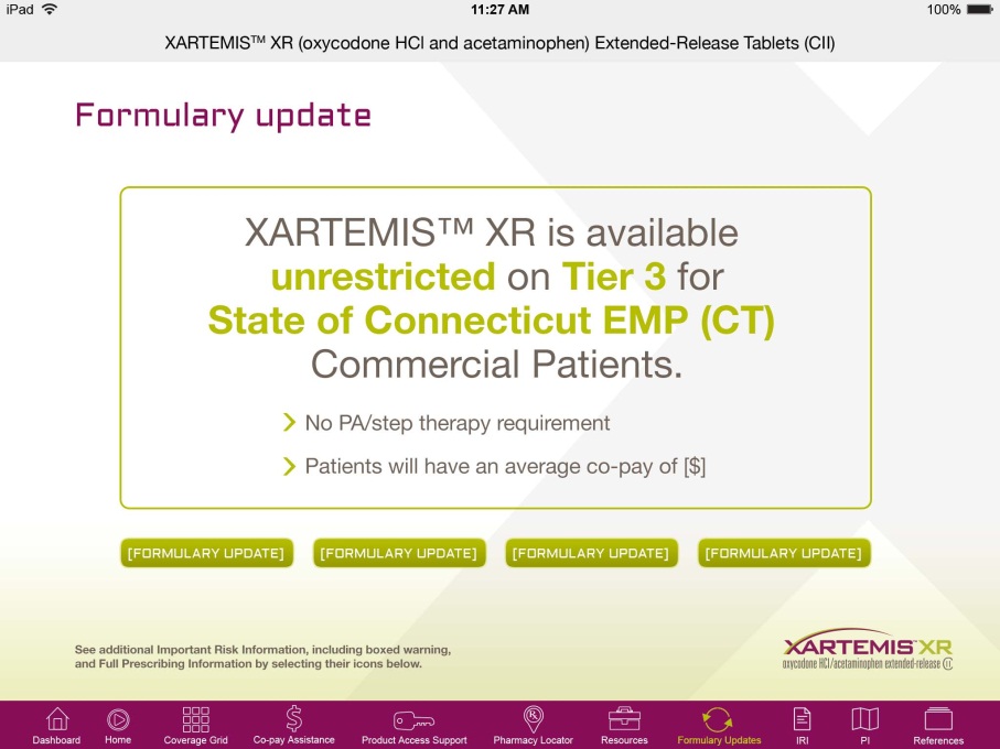 A screenshot of a Formulary update page on the Xartemis™ XR (oxycodone HCI and acetaminophen Extended-Release Tablets (CII)) website. It explains that "Xartemis™ Xu is available unrestricted on Tier 3 for State of Connecticut EMP (CT) Commercial Patients. No PA/step therapy requirement. Patients will have an average co-pay of [placeholder]." The page has a white green and grey background with purple menu bar at the bottom.