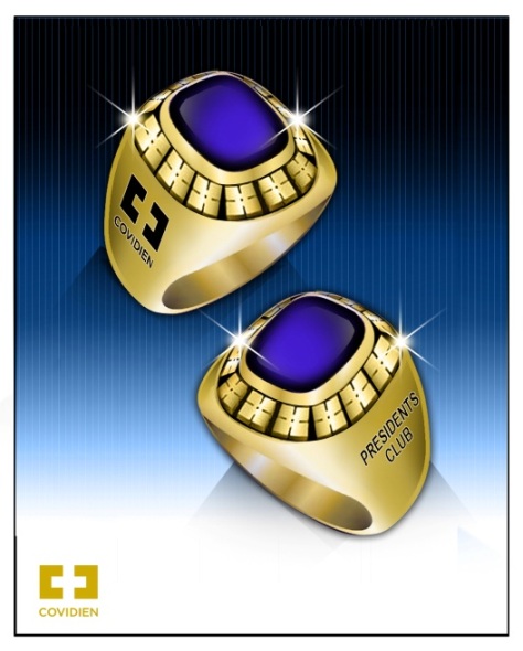 Two gold rings with a blue gemstone in the center. The rings are placed on a black background with a diagonal striped pattern. The gemstone is a deep purple color and is surrounded by a gold border. On the top of the rings there is a text that reads "Covidien" and on the bottom it reads "Presidents Club". The rings appear to be made of gold and have a shiny finish. The overall design is modern and luxurious.