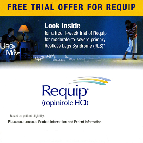 An advertisement for a free trial offer for Requip (Ropinirole HCI) for moderate-to-severe primary restless legs syndrome (RLS). The advertisement has a blue background with white text. On the left side of the image there is a photo of a man sitting on a couch with a laptop and a lamp on the table in front of him. The man is wearing a red and white striped shirt and blue jeans. He is looking at the laptop screen with a concerned expression on his face. <br /><br />At the top of the advertisement it says "FREE TRIAL OFFER FOR REQUIP" in bold letters followed by "Look Inside" in smaller letters. Below that it states that the trial offer is for a 1-week trial of Requip for moderate to severe primary Restless Legs Syndrome (RLS). On the right side there are two images of a person walking on the floor.<br /><br />The advertisement also has the Requip logo and the text "Based on patient eligibility. Please see enclosed product information and patient information."