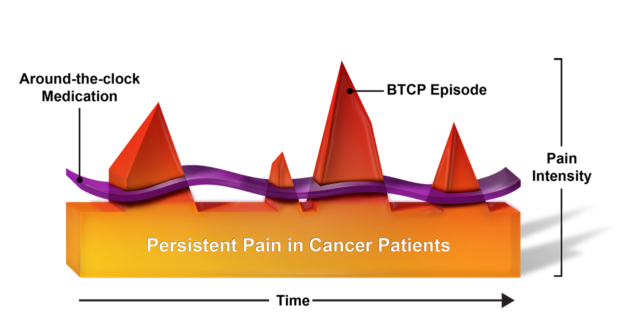 A graphic design that represents persistent pain in cancer patients. It has a black background with an orange and purple color scheme. In the center of the image there is a large orange rectangle with the words "Persistent Pain in Cancer Patients" written in white text. Surrounding the rectangle there are several purple and orange shapes that represent different types of pain. The shapes are arranged in a way that creates a sense of depth and dimension. The overall design is modern and eye-catching.