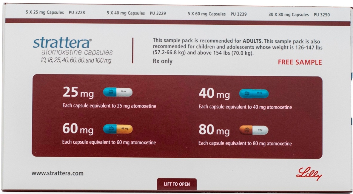 A product packaging of Strattera Atomoxetine capsules. The packaging is rectangular in shape and has a white background with a maroon border. The top of the packaging has the brand name "Strattera" written in bold black letters at the top. Below that there is a description of the product which states that it is recommended for adults. <br /><br />The packaging also mentions that the capsules are 25mg 40mg 60mg 80mg and 60mg each capsule equivalent to 60 mg atomoxetine. The capsules are shown in different colors - blue orange and yellow - and are arranged in a grid-like pattern.<br /><br />On the right side of the package there are two options - "Free Sample" and "Lift to Open". On the left side it says "This sample pack is recommended to adults. This sample pack also recommended for children and adolescents whose weight is 126-147 lbs. Rx only."<br /><br />At the bottom right corner of the image the brand's website www.strattera.com is written in smaller black letters.