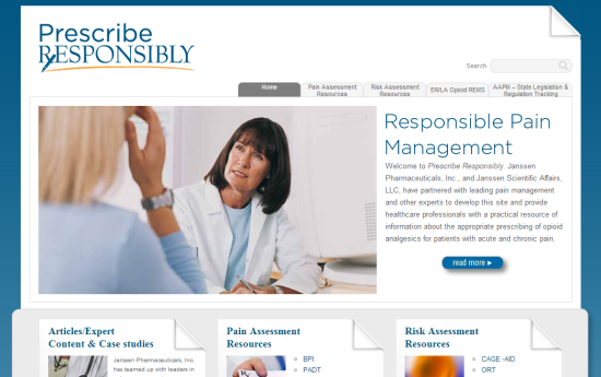 A screenshot of the homepage of a website called Prescribe Responsibly. The website has a blue and white color scheme with the title "Responsible Pain Management" at the top. Below the title there is a navigation bar with links to different sections of the website. <br /><br />On the left side of the page there are two images. The first image is of a woman sitting at a desk with a doctor in front of her. The woman is wearing a white lab coat and appears to be a medical professional. She is looking at the doctor with a concerned expression on her face.<br /><br />The second image is an article titled "Articles/Expert Content & Case Studies" with a title that reads "Pain Assessment Resources". Below the article it has a description of the article and a link to a risk assessment resource. There is also an image of a person's hand holding a pen and writing on a piece of paper.