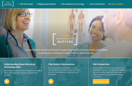 A screenshot of the homepage of a website called "Pain Matters". The website has a blue and white color scheme with a modern and professional design. On the left side of the page there is a photo of a female doctor wearing a stethoscope and smiling at a patient. She is standing in front of a whiteboard with a diagram of the human body in the background. On the right side there are three sections of the website's main content. The first section is titled "Understanding Abuse Deterrence Technology Video" and has a title that reads "A comprehensive resource dedicated to supporting healthcare professionals and patients navigating the evolving and complex pain landscape." The second section has a description of the video and a brief description of pain matters documentary. The third section has an image of a man and a woman talking to each other. At the bottom of the image there has a section titled "Pain Perspectives" and a button that says "Learn more about abuse deterrence technology video". There is also a link to the website for more information about the video.