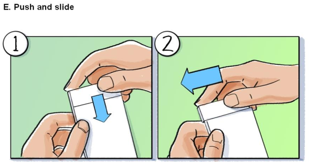 A step-by-step guide on how to push and slide an unidentified object. It is divided into two parts. <br /><br />In the first part there is a hand holding a white envelope with a blue arrow pointing to the right side of the envelope. The hand is pressing down on the envelope with the thumb and index finger. The envelope appears to be empty.<br /><br />The second part of the image shows the hand holding the envelope and pressing the button on the top right corner. The background is a light green color. The text above the image reads "E. Push and slide".