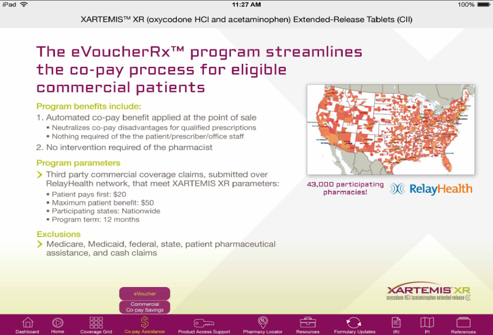 A screenshot of a webpage from the XARTEMIS XR (XARTEMIS XR) website. The webpage is titled "The EvoucherRx™ program streamlines the co-pay process for eligible commercial patients". The webpage has a white background with a red and orange color scheme. On the right side of the page there is a map of the United States with different colors representing different areas of the country. <br /><br />On the left side there are three bullet points that explain the program's benefits. The first bullet point explains that the program benefits include:<br /><br />1. Automated co-payment benefit applied at the point of sale<br />2. No intervention required for the pharmacy<br />3. Third party commercial coverage claims submitted over RelayHealth network that meet XARTEMIS XR parameters<br />4.43000 participating pharmacies<br />5. Exclusions<br />6. Medicare Medicaid federal state patient pharmaceutical assistance and cash claims<br /><br />At the bottom of the webpage there has a purple banner with the company's logo and contact information.