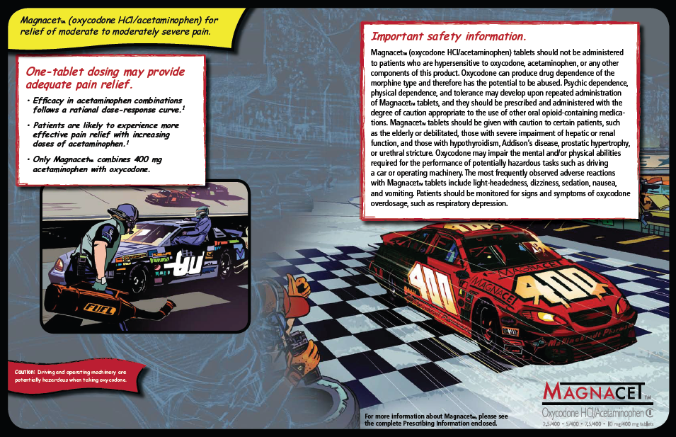 An illustration of a race car on a checkered track. The car is red with the number 400 on it and has the word "Magnacet" written on the side. On the left side of the image there is a red banner with the text "Important safety information" written in white. Below the banner there are two smaller images.<br /><br />The first image on the left shows a man in a blue suit and helmet working on a car. He is holding a tool and appears to be in the process of repairing or repairing the car. The text on the right side reads "One-tablet dosing may provide adequate pain relief."<br /><br />There is also a note on the bottom right corner that explains that the car is being prepared for a race. The background is a dark blue sky with a few clouds.