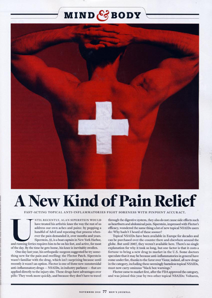 An advertisement for Mind & Body magazine. It features a photograph of a man's back with a white cross on his back. The man is standing with his arms stretched out to the sides and his head tilted back as if he is experiencing pain. The background is red and the text on the image reads "A New Kind of Pain Relief". Below the text there is a brief description of the magazine's contents which states that the magazine is about a new kind of pain relief. The magazine's logo is also visible at the top of the image.