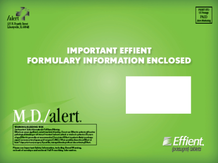 An envelope with the text "Important Efficient Formulary Information Enclosed". Its is green with white and black text and rectangular in shape. There are logos for M.D./alert and Effient (prasugrel) tablets at the bottom.