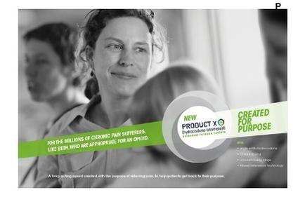 A black and white photograph of a woman with curly hair smiling at the camera. She appears to be in a room with other people in the background. The image is accompanied by text that reads "For the millions of chronic pain sufferers like Beth who are appropriate for an opioid." There is also a circular logo with the text "New Product X" and "Created for Purpose" on the right side of the image. The overall design is simple and modern with a focus on the woman and the text.