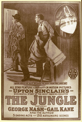 A movie poster for the film "The Jungle" starring George Nash-Gail Kane. The poster is predominantly black and white with the title of the film written in bold white letters at the top. Below the title there is an illustration of two men one standing and one sitting on a chair facing each other. The man standing on the left is wearing a long coat and a hat and the man sitting on the chair is holding a large piece of paper in his hand. The background is a dark room with a window and a door.<br /><br />The poster also includes the names of the cast and crew as well as the release date and other information about the film. At the bottom of the poster it promises five daring acts and 210 astounding scenes.