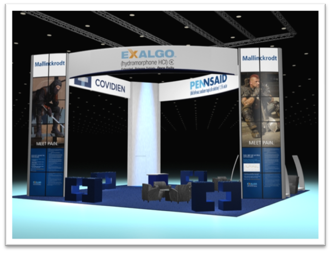 A 3D rendering of a trade show booth. The booth is white with blue accents and has a large banner on the left side that reads "Exalgo" and "Covidien" in bold letters. On the right side of the booth there is a smaller banner that says "Pennsaid" in smaller letters. Below the banner there are two smaller banners that read "Meet Pain". The booth has a blue floor and a white wall in the background. There are also several blue chairs and tables arranged in front of the booths. The overall design is modern and professional with a focus on the company's products.