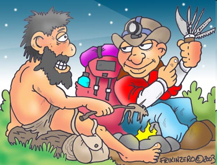 A cartoon illustration of a cavemen and a hunter sitting on the ground in a grassy area beside a campfire. The caveman is wearing only a loincloth and is cooking a whole (unskinned) rodent over the open flame via a skewer. The hunter who is wearing technical clothing (including a hat with a lantern) and a fully-stocked backpack is showing off a multitool (like unto a Leatherman or Swiss Army knife).