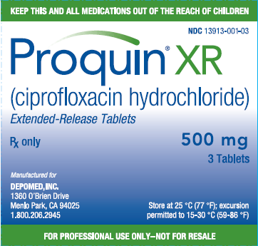 A label for Proquin XR (ciprofloxacin hydrochloride) extended-release tablets. The label is rectangular in shape and has a blue background with white text. The text on the label reads "Keep this and all medications out of the reach of children" and "NDC 13913-001-03". Below the text there is a description of the product which states that the tablets are 500 mg and 3 tablets. <br /><br />The label also mentions that the product is manufactured for Depomed Inc. and is located in Menlo Park CA 94025. There is also a note that states that it is for professional use only and not for resale.