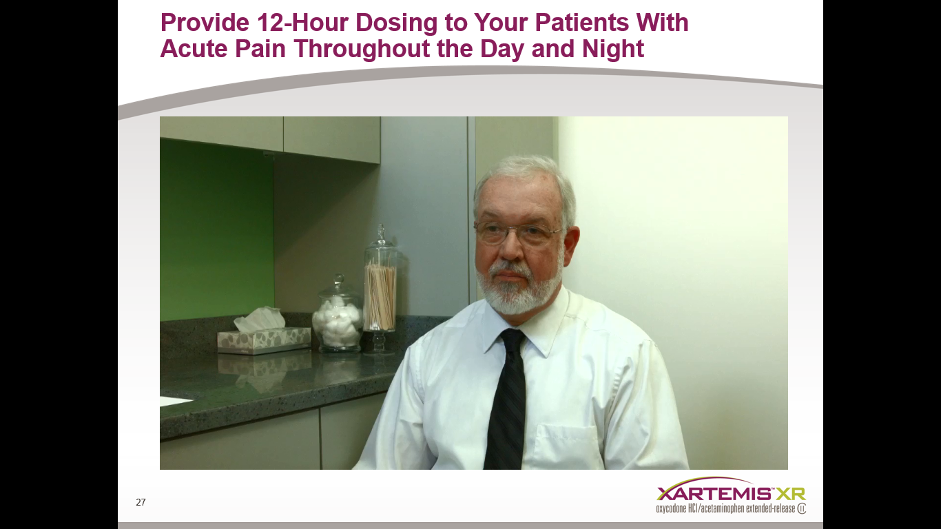 An elderly man with a white beard and glasses wearing a white shirt and a black tie. He is standing in a room with a green wall and a countertop with various items on it. The man appears to be in his late 60s or early 70s and has a serious expression on his face. The text on the image reads "Provide 12-Hour Dosing to Your Patients With Acute Pain Throughout the Day and Night".