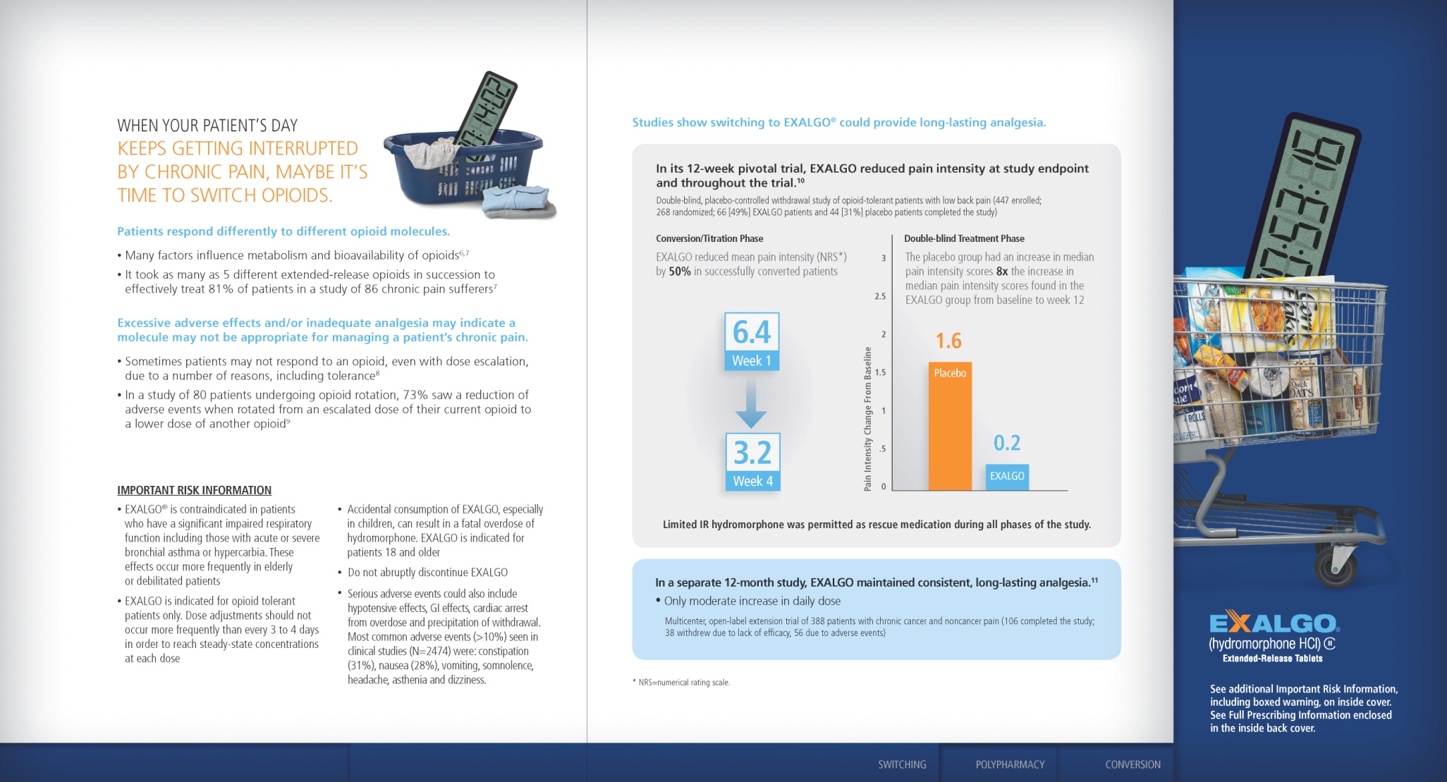 An advertisement on the Exalgo website with the tagline "When your patient's day keeps getting interrupted by chronic pain maybe it's time to switch opioids".<br /><br />The page is divided into multiple sections including explanatory text Important Risk Information and an infographic explaining that "Studies show switching to EXALGO could provide long-lasting analgesia".<br /><br />There is also an image of a shopping cart with various items in it including a large clock.