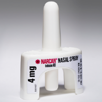 A white nasal spray bottle with a white cap. The bottle is cylindrical in shape and has a label on it that reads "NARCAN NASAL SPRAY" in bold black letters. The label also has a red flower logo and the words "4mg" in smaller black letters below it. The nozzle of the bottle is also white and appears to be made of plastic. The background is plain white.