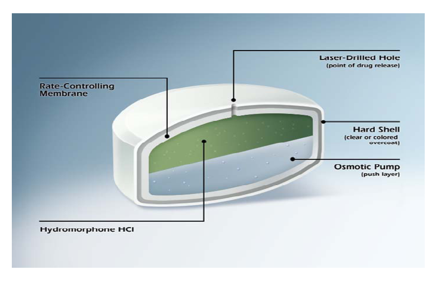 A cross-section of a hydromorphone HCI (Hydromorphone HCI) membrane which is a type of membrane used in medical applications. The image shows the structure of the membrane including the rate-controlling membrane laser-drilled hole hard shell and osmotic pump. <br /><br />The membrane is divided into three sections. The top section is labeled "Rate-Controlling Membrane" the middle section is labeled "Hard Shell" and the bottom section is titled "Osmotic Pump". The membrane has a greenish-blue color and appears to be made of a transparent material. The hard shell is located on the right side of the image and is used to store and transport the membrane.<br /><br />There is also a label on the top right corner that reads "Laser-Drilled Hole (point of drug release)". This label indicates that the membrane is a point of release for a drug release. The label also mentions that it is a clear or colored membrane and that it can be used to control the flow of liquid or gas through the membrane through a laser or drill hole.