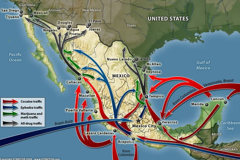 A map of the United States and Mexico showing the route of the Mexican-American border crossing between the two countries. The map is color-coded with different shades of green representing different regions of the country.<br /><br />The map is divided into different sections with each section representing a different country. The countries are labeled with their respective names such as Mexico Mexico City and the Gulf of Mexico. There are also several major cities and towns marked on the map including Mexico City and Mexico City. The routes are marked with red arrows indicating the direction of the border crossing. The text on the image provides further information about the border including the names of cities towns and other geographical features. The image also includes a legend at the bottom that explains the different colors used in the map.