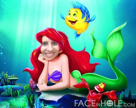 A digital illustration of the character Ariel from the Disney movie "The Little Mermaid." She is sitting on a rock with her long red hair cascading down her back. She is wearing a purple bikini and has a big smile on her face. In the background there is a yellow fish with blue fins and a red tail. The fish is swimming towards Ariel who is also smiling. The background is a deep blue ocean with coral reefs and other marine life. The overall mood of the image is cheerful and playful.