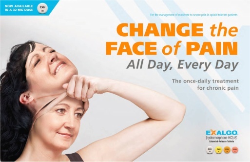 An advertisement for a treatment for chronic pain. It features a young woman with dark hair smiling and touching her neck with her hand. She appears to be in pain with her eyes closed and her head tilted back. The background is white and the text on the image reads "Change the face of pain. All day every day. The once-daily treatment for Chronic pain." The text is in orange and yellow and there is a logo of Exalgo on the bottom right corner. The overall design of the advertisement is modern and eye-catching.