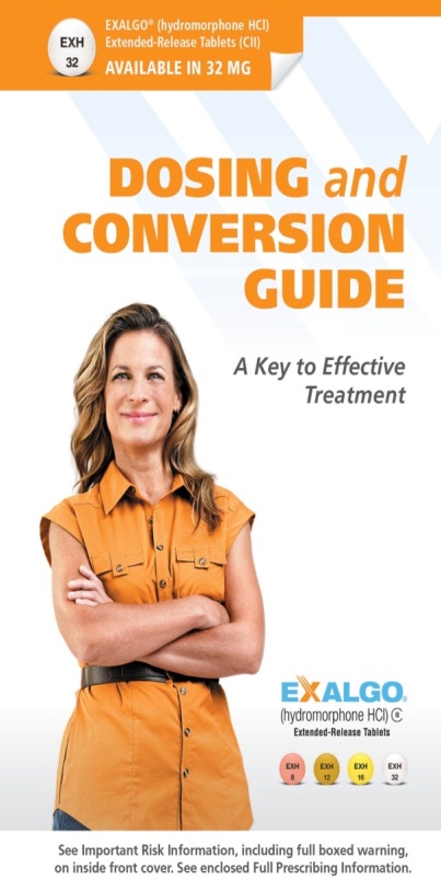 The cover of a book titled "Dosing and Conversion Guide: A Key to Effective Treatment". The cover features a photo of a woman with long blonde hair wearing an orange shirt standing with her arms crossed and smiling at the camera. The title of the book is written in bold white letters at the top of the cover. Below the title there is a subtitle that reads "Exalgo Hydromorphone HCI Extended-Release Tablets (CII) Available in 32 mg". At the bottom there are additional information about the book including a full-boxed warning and an inside front cover.