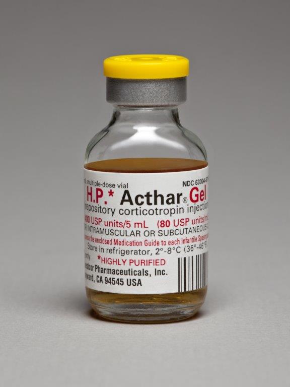 Of a vial of H.P. Acthar Gel. The vial is made of glass and has a yellow cap. The label on the vial reads "H.P." and "Acthar Gel" in bold black letters. Below the label there is a description of the product which states that it is a high-quality high-purified and highly purified product. There is also a barcode on the label. The background of the image is plain white.