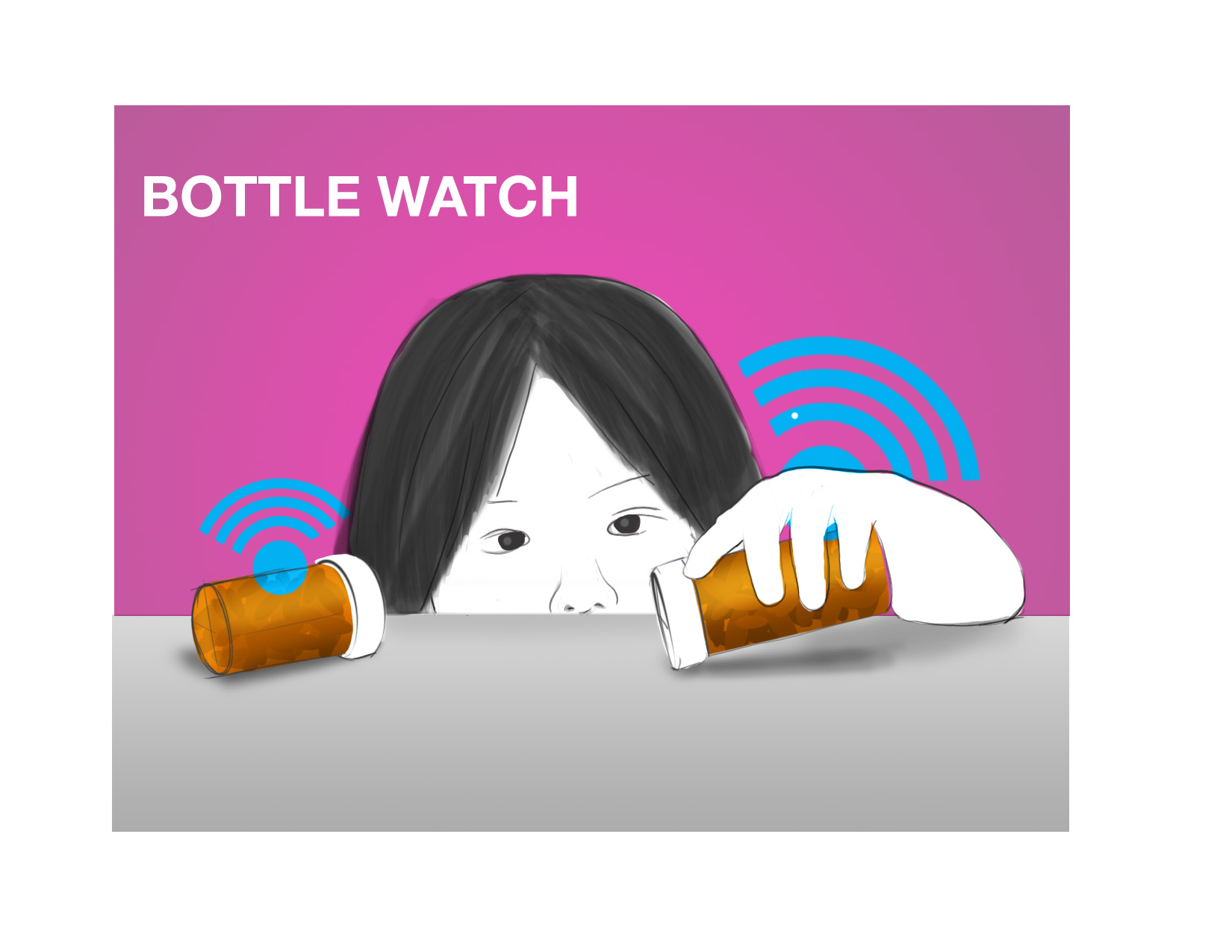 An illustration of a girl with black hair and a white face. She is peeking over a table with two orange bottles in front of her. The bottles are tilted to the side and the girl's hand is resting on one of them. The background is pink with blue waves radiating from the bottles. Above the girl there is text that reads "BOTTLE WATCH". The overall tone of the image is playful and whimsical.