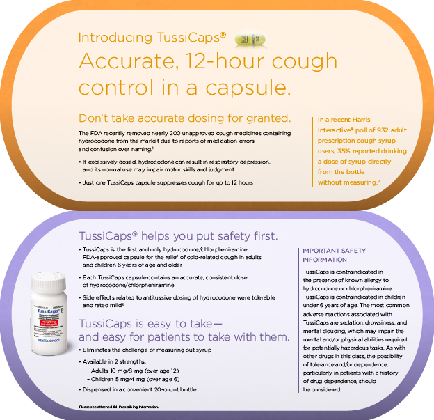 An advertisement for TussiCaps a 12-hour cough control in a capsule. The advertisement is divided into two sections. The top section is titled "Introducing Tuscans" and has an orange background with white text. Below the title there is a description of the product which states that it helps you put safety first.<br /><br />The bottom section of the advertisement has a white background with a purple border. The text explains that the product is easy to take and easy for patients to take with them. There is also an image of a white bottle of the same product on the left side of the image.