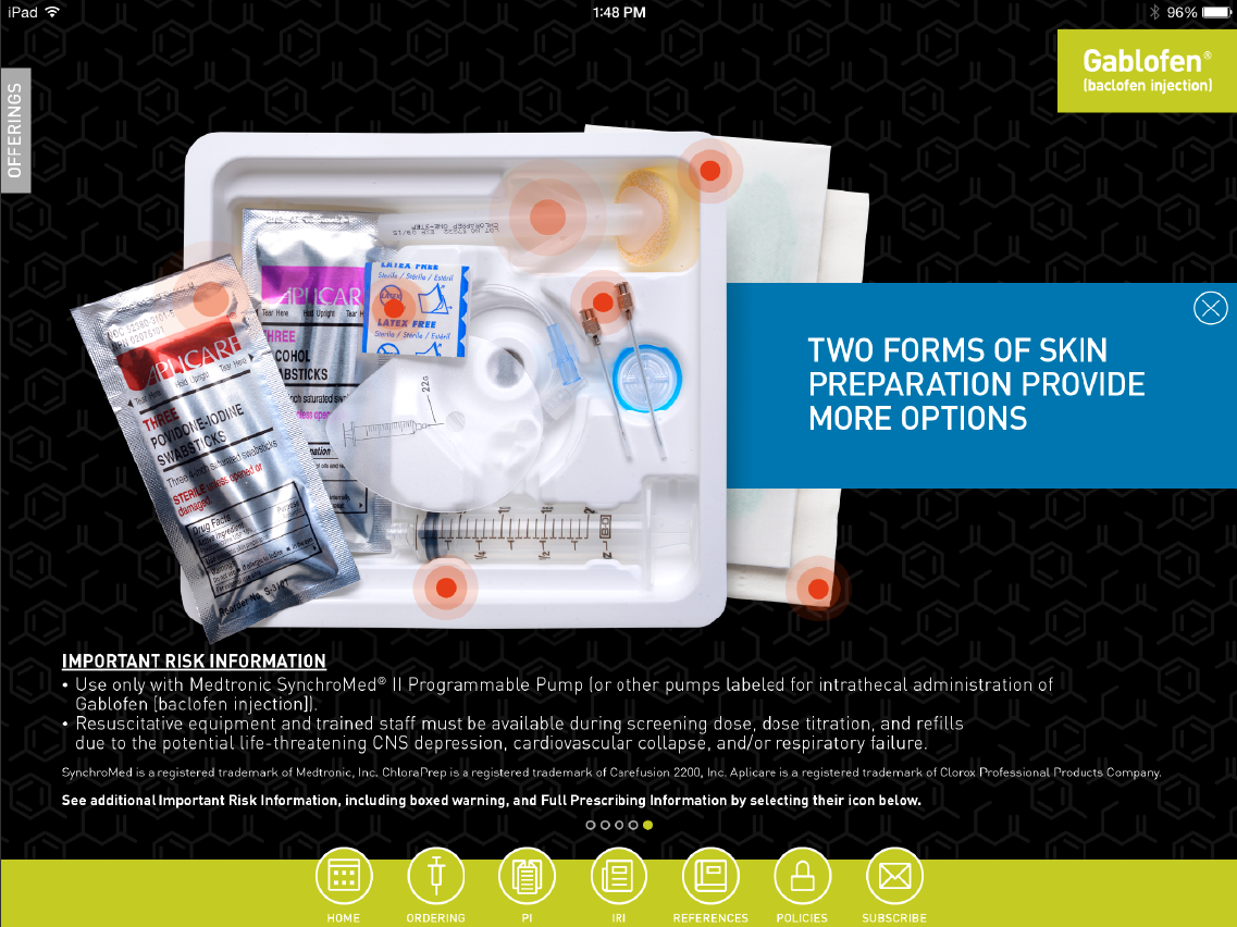 An advertisement for Gablofen (baclofen injection) with the tagline "Two forms of skin preparation provide more options" from the Gablofen website. It includes a photograph of a kit including syringes swabsticks bandages etc. There is also "Important Risk Information" and a menu  bar at the bottom.