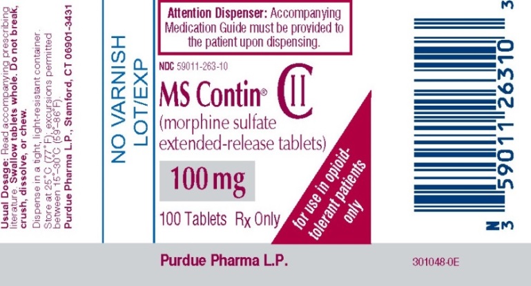 A label for MS Contin (morphine sulfate extended-release tablets) 100 mg from Purdue Pharma L.P. The label is rectangular in shape and has a white background with red and blue text. Various parts of it read "Attention Dispenser: Accompanying Medication Guide must be provided to the patient upon dispensing" "For use in opioid-tolerant patients only" "NO VARNISH LOT/EXP" etc. The barcode numbers is "59011126310".