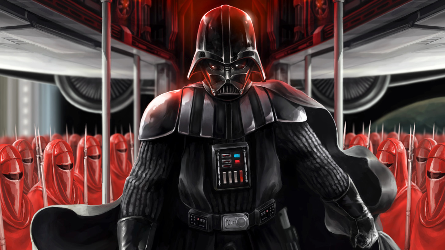 A digital illustration of the character Darth Vader from the Star Wars universe. He in the center of the image framed on both sides by ranks of the Red Guard and appears to be striding towards the viewer. Darth Vader is wearing his iconic black suit helmet and cape. The background is dark and ominous with red lights shining down on him from above.