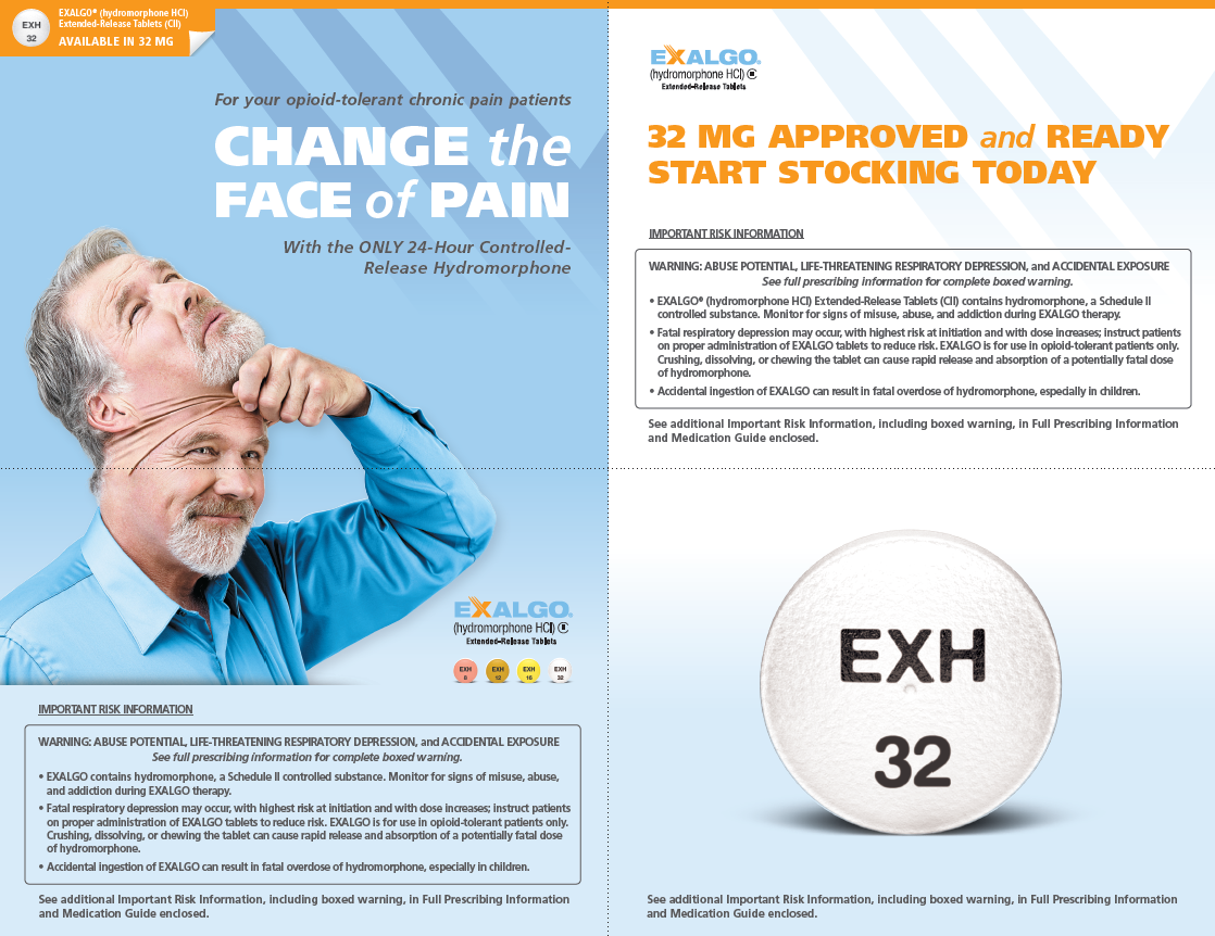 An advertisement for Exalgo with the twin taglines "Change the face of pain with the only 24-hour controlled release hydromorphone" and "32 mg approved and ready to start stocking today". The background is blue and white with text in black white and orange. On the left side of the image there is a photo of a man with grey hair and a beard wearing a blue shirt. He is smiling while touching his face. There is also Important Risk Information accompanied by two boxed warnings.