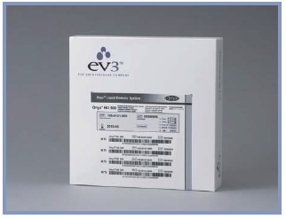 Of a white box with a label on it. The label has the brand name "ev3" written in blue at the top followed by the logo of the company. Below the logo there is a barcode and some information about the product. The box appears to be a product packaging for the Ev3 brand as indicated by the text on the label. The background is plain white.