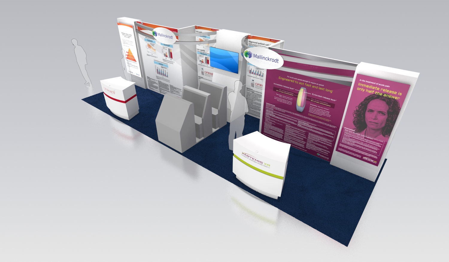 A 3D rendering of a trade show booth with a blue carpeted floor. The booth is divided into three sections each with a different design and color scheme. On the left side of the booth there is a large banner with a pink and white design and on the right side there are two smaller banners with a picture of a woman's face and text. <br /><br />There are also several white boxes and a white pedestal on the floor which are likely used for displaying information about the booth. The banners have different colors and designs including red blue green and yellow. There is also a white banner with the logo of a company or organization and a small white box with a green stripe on the side.<br /><br />The booth appears to be well-organized and well-stocked with a modern and professional look. The overall design is simple and minimalistic with clean lines and a clean layout.