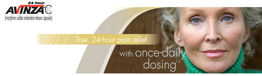 A promotional banner for Avinza a pain relief company. The banner features a close-up of a woman's face with blonde hair and blue eyes. She is wearing a green turtle neck sweater and is looking directly at the camera with a slight smile. The background is a light beige color. On the left side of the banner there is text that reads "True 24-hour pain relief with once-daily dosing". On the right side there are two lines of text that read "Avinza" and "24 hour pain relief". The banner also has a logo of the company on the top left corner.