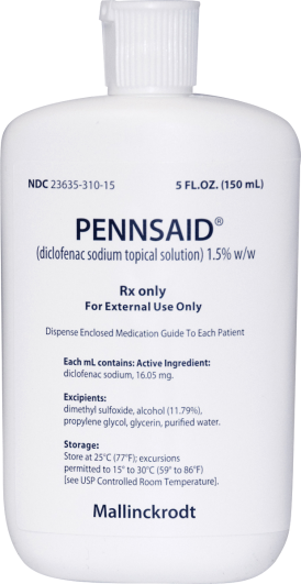 Of a white plastic bottle with a white cap. The label on the bottle reads "PENNSAID (diclofenac sodium topical solution) 1.5% w/w" and "Rx only for external use only". Below the label there is a description of the product which states that it contains active ingredient excipients and storage. The bottle is 5 fl. oz. (150 ml) in size. The brand name "Mallinckrodt" is written in black text at the bottom of the label.