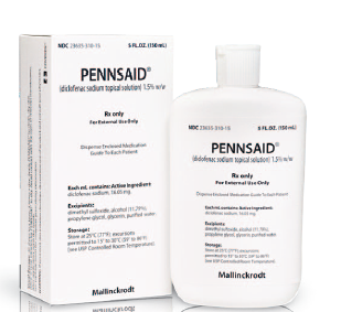 A white box and a white bottle of Pennsaid skincare product. The box is rectangular in shape and has the brand name "Pennsaid" written in bold black letters at the top. The bottle is cylindrical in shape with a white cap and a label that reads "Rx only" in smaller black letters. The label also mentions that the product is made with natural ingredients and is suitable for use in a variety of applications.<br /><br />The bottle is placed next to the box which is also white and has a label with the same brand name and product name. The background is plain white. The product appears to be a skin caring product as indicated by the text on the label.