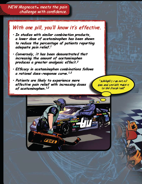 A comic strip with a blue background and a yellow speech bubble in the center. The speech bubble reads "With one pill you'll know it's effective. In studies with similar combination products a lower dose of acetaminophen has been shown to reduce the percentage of patients reporting acute pain relief." <br /><br />In the center of the image there is an illustration of a race car with a mechanic working on it. The mechanic is wearing a blue uniform and a helmet and is holding a tool in his hand. The car is on a track with a checkered flag in the background.<br /><br />On the right side of the comic strip there are two other characters one of whom is a mechanic and the other is a patient. The text in the speech bubble explains that with one pill in the image is an effective way to reduce pain relief.