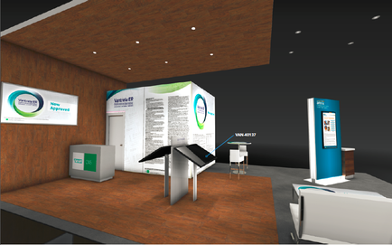 A 3D rendering of a trade show booth. The booth is located in a room with a wooden floor and a black wall. On the left side of the booth there is a large white banner with a green and blue circular logo and text that reads "New Approved". On the right side there are two smaller white booths with a blue and white design. In front of the booths there appears to be a desk with a computer monitor and a keyboard. In the center of the room there has a small table with a white tablecloth and a white chair. The overall color scheme of the space is blue green and white.