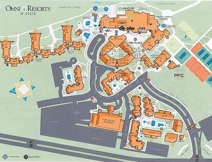 A map of omani Resorts La Costa a resort in Costa Rica. The map shows the layout of the resort including the main buildings roads and other amenities. The buildings are orange in color and are arranged in a grid-like pattern with some buildings in the center and others on the right side of the map. There are also several roads and pathways throughout the resort. The map also includes a legend that explains the different colors and symbols used in the map such as blue green yellow and red. The text on the map provides additional information about the resort's amenities including its name location and amenities.