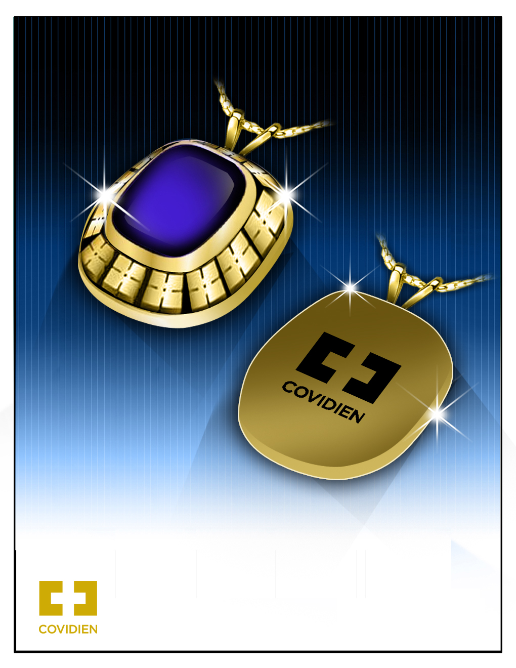 A digital illustration of two pendants. The pendants are gold in color and have a circular shape with a blue stone in the center. The stone appears to be a deep purple color and is surrounded by a gold border. The background is a gradient of blue and black stripes creating a striking contrast with the gold pendants and the blue background.<br /><br />On the right side of the image there is a smaller gold pendant with the word "COVIDIEN" written on it in black letters. The necklace is also gold and has a chain attached to it. The overall design is modern and luxurious with a sleek and sophisticated look.