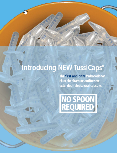 A yellow bucket filled with small clear plastic tubes. The tubes are arranged neatly in the bucket and appear to be new TussiCaps. The text on the image reads "Introducing NEW TUSSICAPS" and "The first and only hydrocodone/chlorphenamine antifouling extended-release oral capsule. No spoon required." The background is a light blue color.