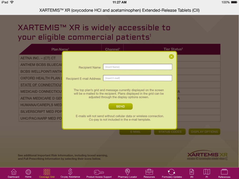 A screenshot of the XARTEMIS® XR (oxycodone HCI and acetaminophen Extended-Release Tablets (CII) website. The website has a purple and white color scheme with a navigation bar at the top. Below the navigation bar there is a form with fields for the user to fill out such as their name email address and phone number. <br /><br />At the bottom of the form there are buttons for "Send" and "Display Options". The form also has a link to the website's website for more information about the website.<br /><br />The main content of the page is a message that reads "Xartemis™ XR is widely accessible to your eligible commercial patients".