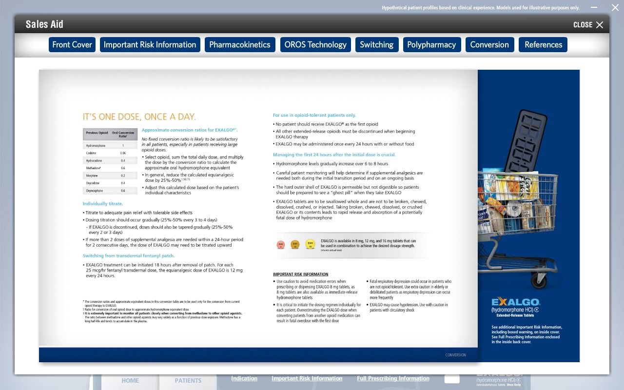 A screenshot of the homepage of a website called Sales Aid. The website has a blue and white color scheme with a blue background. On the right side of the page there is an image of a shopping cart with various items in it. The cart is filled with different types of items such as pills capsules and other medical supplies. <br /><br />At the top of the image there are several tabs for different sections of the website including "Front Cover" "Important Risk Information" "Pharmaceuticals" "OROS Technology" "Switching" "Polypharmacy" "Conversion" and "References". Below the tabs there has a section titled "It's one dose once a day".<br /><br />The main content of the webpage is divided into two sections. The first section has a list of important risks and information about the website's services while the second section has an article about the company's services. There are also several buttons at the bottom of the screen including a search bar a navigation menu and a home button.