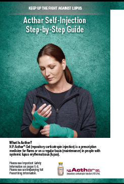 The cover page of a book titled "Acthar Self-Injection Step-by-Step Guide" with the tagline "Keep Up the Fight Against Lupus". It includes a photograph of a young woman in casual clothing wrapping her hands with bandages. The background is green and white with text in black gray white and red. The logo for H.P. Acthar Gel is in the bottom right corner.