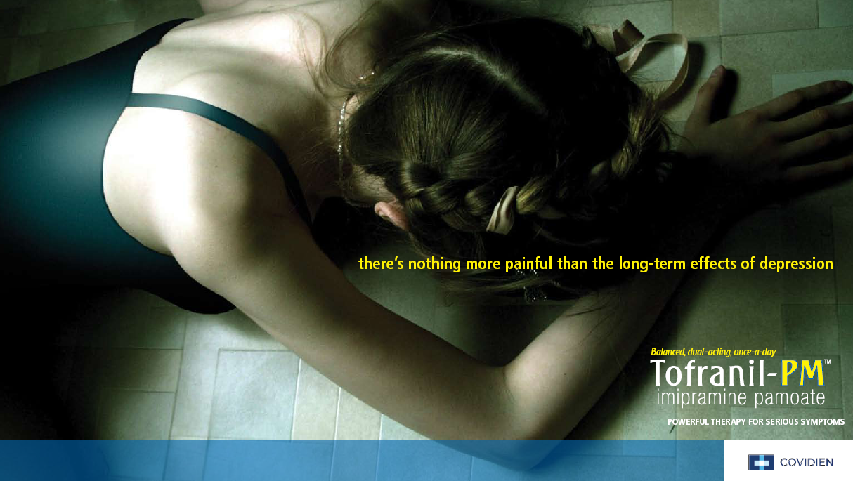 A young woman lying on her back on the floor with her head resting on her hands. She is wearing a black leotard and her hair is styled in a messy bun. The background is a tiled floor. The image is accompanied by text that reads "Tofranil-PM impramine paminate" and "there's nothing more painful than the long-term effects of depression". The text is in white and is in a bold font. The overall tone of the image is somber and melancholic.