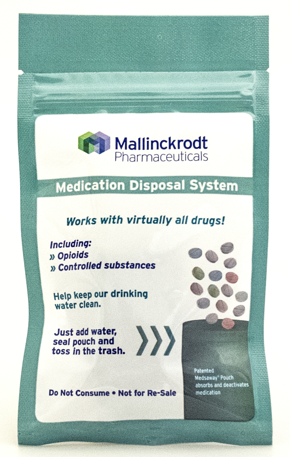 Of photograph of the outer packaging for the Medsaway Pouch Medication Disposal System by Mallinckrodt Pharmaceuticals. The packet is green rectangular in shape and has a white label on the front. The text explains that the packet "Works with virtually all drugs" and can "Help keep our drinking water clean."