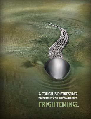 A digital illustration of a snake coiled around a silver ball in the middle of a body of water. The snake appears to be in a state of distress with its body partially submerged in the water and its head above the ball. The background is a dark greenish-brown color and the water is a lighter shade of green. The text on the image reads "A cough is distressing. Treating it can be downright frightening." The overall tone of the image is dark and ominous conveying a sense of fear and uncertainty.