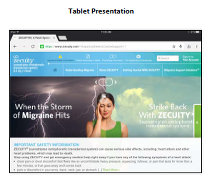 A screenshot of a tablet presentation on a website called "security". The presentation is titled "When the Storm of Migraine Hits" and has an image of a woman with her head in her hands looking distressed. The background of the presentation is a blue sky with lightning bolts indicating that the storm is approaching. The text on the presentation reads "Strike Back With security" and "Important Safety Information". The website's logo is also visible on the top left corner of the screen.